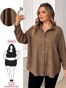 SHEIN CURVE+ Plus-Size Women's Brown Autumn Smart Casual Everyday Loose Comfortable Striped Button-Up Shirt,Spring Fashion Work Top,Extra-Loose Clothing Fall - Multicolor - View 1