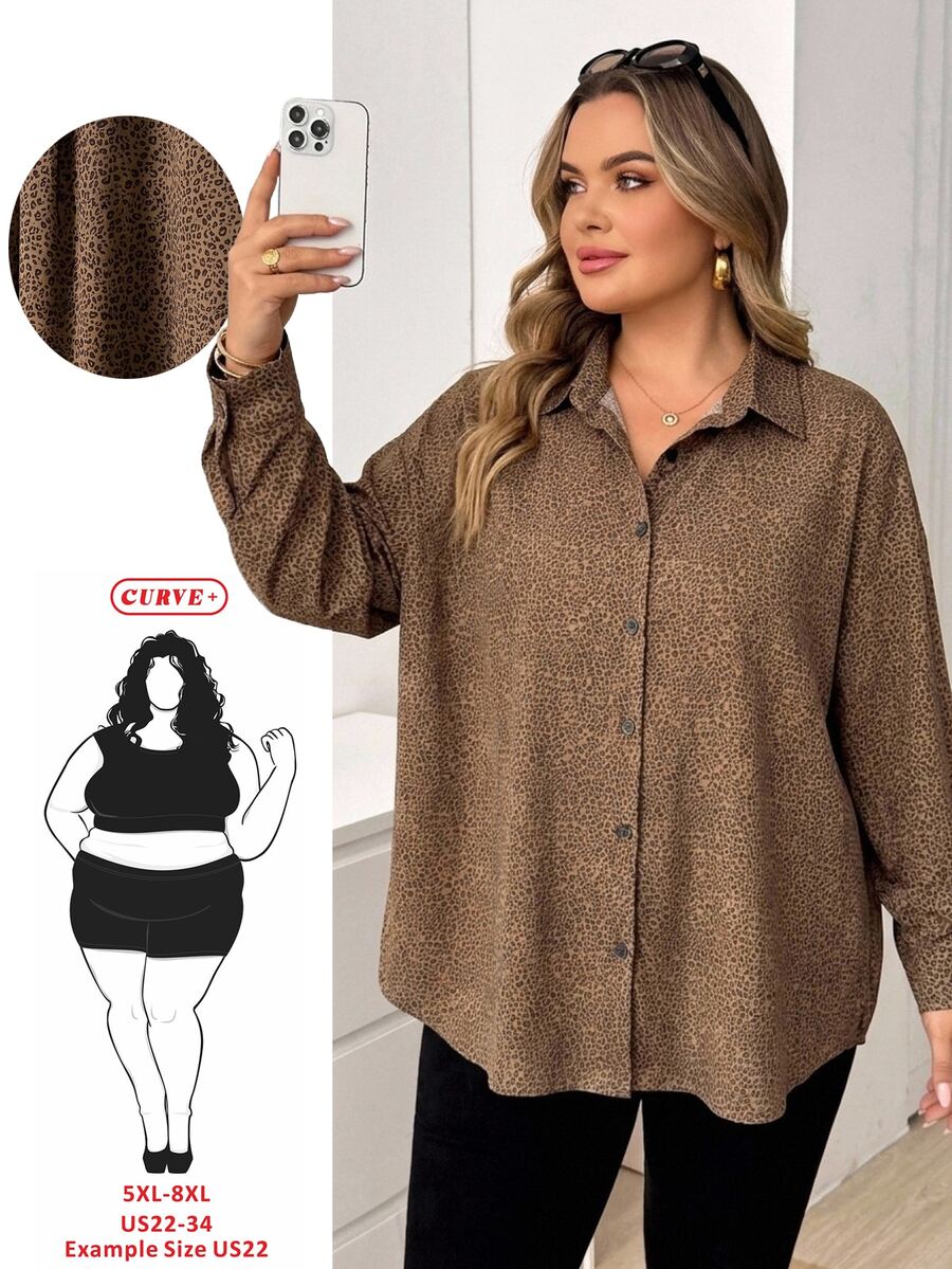 SHEIN CURVE+ Plus-Size Women's Brown Autumn Smart Casual Everyday Loose Comfortable Striped Button-Up Shirt,Spring Fashion Work Top,Extra-Loose Clothing Fall - Multicolor - View 1