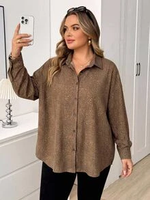 SHEIN CURVE+ Plus-Size Women's Brown Autumn Smart Casual Everyday Loose Comfortable Striped Button-Up Shirt,Spring Fashion Work Top,Extra-Loose Clothing Fall - Multicolor - View 6