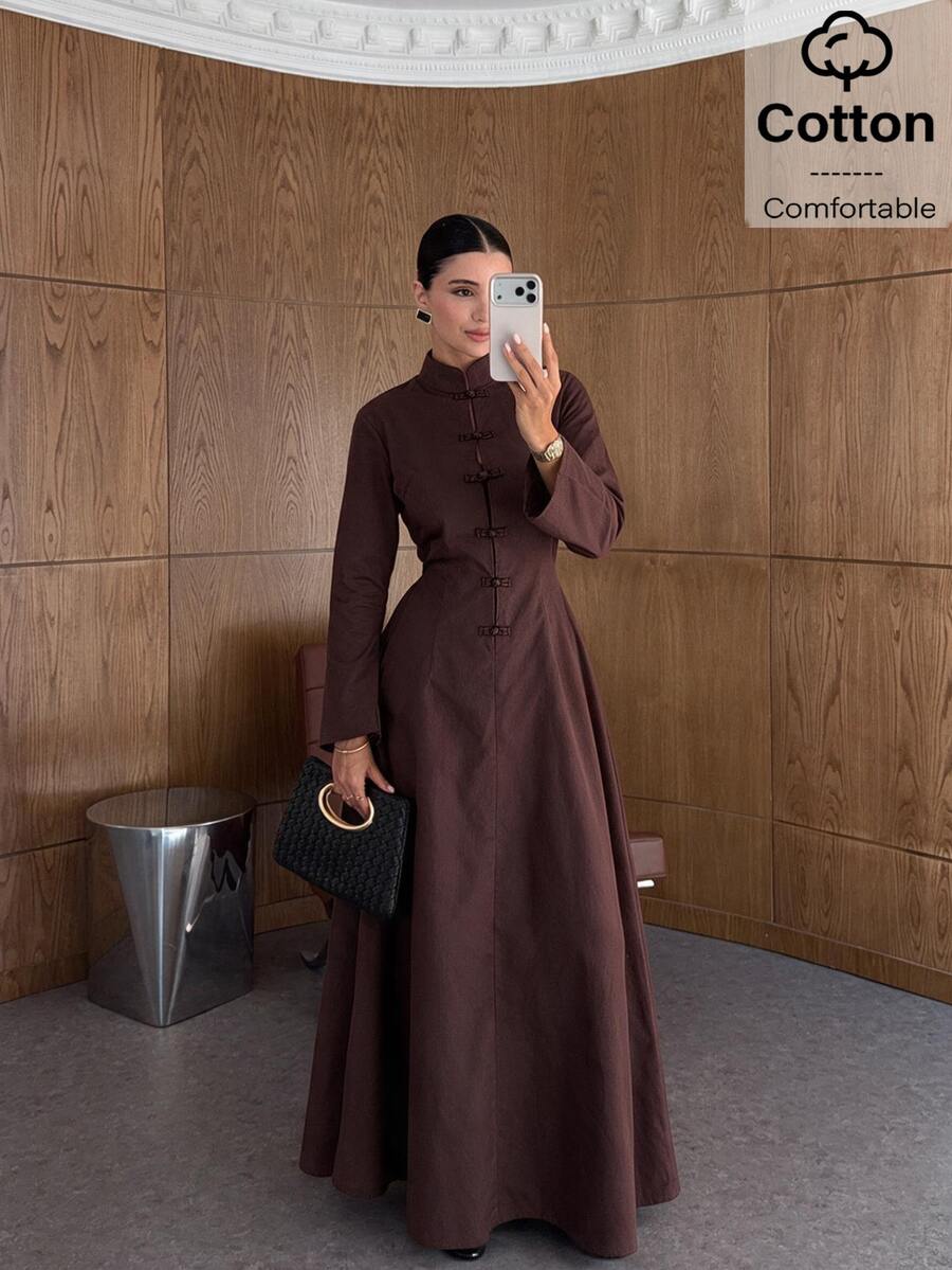 Siren Gaze Gaun Wanita Polos Kerah Tegak Lengan Panjang Kancing Katak Elegan Bergaya Vintage Sederhana untuk Sehari-hari, Pesta Teh, Makan Siang, Malam Hari, Cokelat Tua, Musim Gugur - Chocolate Brown - View 1
