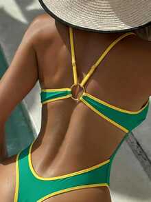 SHEIN Swim 女士性感黑色深V领露背镂空连体泳衣，适合春夏海滩穿着 - 彩色 - 查看 2