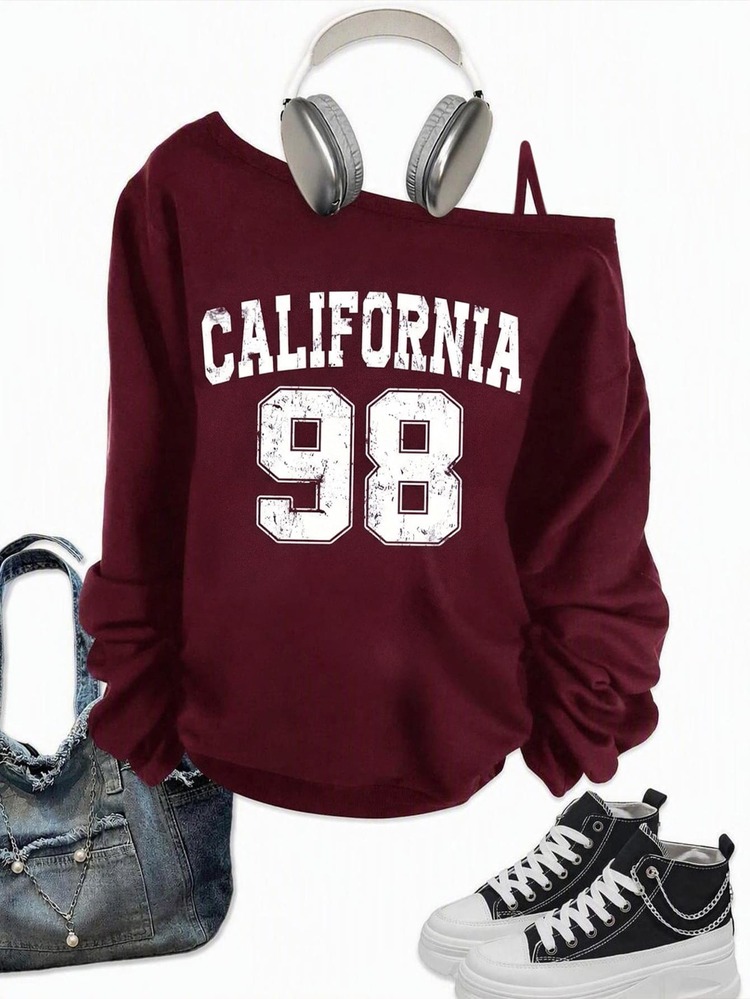 Slaydiva Casual Minimalist 98 Number Print Pattern Long Sleeve Crew Neck Plus Size Women One Shoulder Strap T-Shirt Suitable For Spring And Autumn Burgundy - Burgundy - View 1