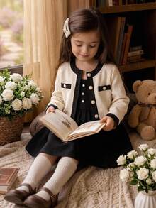 SHEIN Young Girl Spring/Autumn Black & Apricot Colorblock 2 Pieces Set, Short Tweed Cardigan With Pearl Buttons Paired With Black Spaghetti Strap A-Line Dress, Suitable For Daily School, Outdoor Outings, Birthday Parties, Photography Sessions And More - Multicolor - View 4