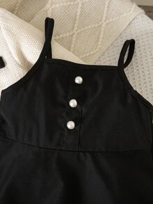 SHEIN Young Girl Spring/Autumn Black & Apricot Colorblock 2 Pieces Set, Short Tweed Cardigan With Pearl Buttons Paired With Black Spaghetti Strap A-Line Dress, Suitable For Daily School, Outdoor Outings, Birthday Parties, Photography Sessions And More - Multicolor - View 8