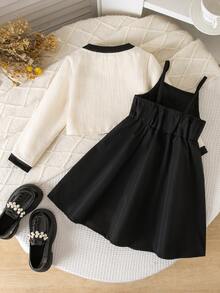 SHEIN Young Girl Spring/Autumn Black & Apricot Colorblock 2 Pieces Set, Short Tweed Cardigan With Pearl Buttons Paired With Black Spaghetti Strap A-Line Dress, Suitable For Daily School, Outdoor Outings, Birthday Parties, Photography Sessions And More - Multicolor - View 6