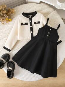 SHEIN Young Girl Spring/Autumn Black & Apricot Colorblock 2 Pieces Set, Short Tweed Cardigan With Pearl Buttons Paired With Black Spaghetti Strap A-Line Dress, Suitable For Daily School, Outdoor Outings, Birthday Parties, Photography Sessions And More - Multicolor - View 5