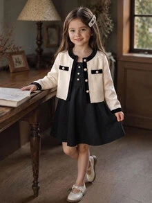 SHEIN Young Girl Spring/Autumn Black & Apricot Colorblock 2 Pieces Set, Short Tweed Cardigan With Pearl Buttons Paired With Black Spaghetti Strap A-Line Dress, Suitable For Daily School, Outdoor Outings, Birthday Parties, Photography Sessions And More - Multicolor - View 3