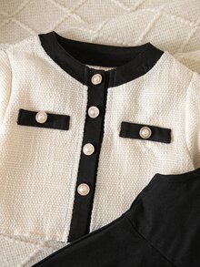 SHEIN Young Girl Spring/Autumn Black & Apricot Colorblock 2 Pieces Set, Short Tweed Cardigan With Pearl Buttons Paired With Black Spaghetti Strap A-Line Dress, Suitable For Daily School, Outdoor Outings, Birthday Parties, Photography Sessions And More - Multicolor - View 7
