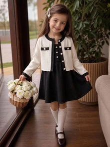 SHEIN Young Girl Spring/Autumn Black & Apricot Colorblock 2 Pieces Set, Short Tweed Cardigan With Pearl Buttons Paired With Black Spaghetti Strap A-Line Dress, Suitable For Daily School, Outdoor Outings, Birthday Parties, Photography Sessions And More - Multicolor - View 1