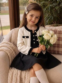 SHEIN Young Girl Spring/Autumn Black & Apricot Colorblock 2 Pieces Set, Short Tweed Cardigan With Pearl Buttons Paired With Black Spaghetti Strap A-Line Dress, Suitable For Daily School, Outdoor Outings, Birthday Parties, Photography Sessions And More - Multicolor - View 2