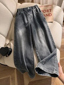 SHEIN Tween Girl Washed Loose Straight Leg Jeans, Casual Streetwear And Versatile, Stylish Daily Wear Summer Holiday Vacation Gray Autumn Winter School - Black - View 2