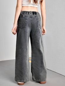 SHEIN Tween Girl Washed Loose Straight Leg Jeans, Casual Streetwear And Versatile, Stylish Daily Wear Summer Holiday Vacation Gray Autumn Winter School - Black - View 3
