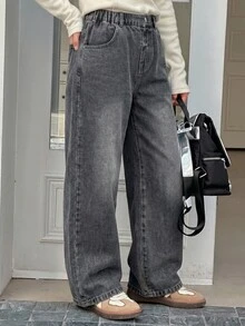 SHEIN Tween Girl Washed Loose Straight Leg Jeans, Casual Streetwear And Versatile, Stylish Daily Wear Summer Holiday Vacation Gray Autumn Winter School - Black - View 4
