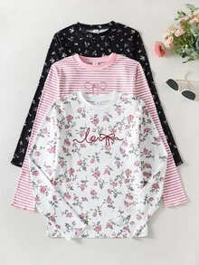 SHEIN Teen Girls Autumn Tops 3pcs Knitted High Elastic Set, Pink Striped With Black White Floral, Back To School, Vacation, Oversized Cute School Sixth Form - Multicolor - View 4