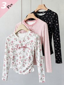 SHEIN Teen Girls Autumn Tops 3pcs Knitted High Elastic Set, Pink Striped With Black White Floral, Back To School, Vacation, Oversized Cute School Sixth Form - Multicolor - View 3