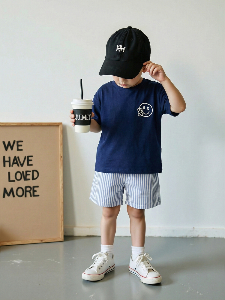 Playful Pals 2pcs/Set Young Boys Summer Casual Graphic Print Round Neck Raglan Top And Striped Shorts, Fashionable Comfortable Outfit For Outdoor Play & Daily - Navy Blue - View 5