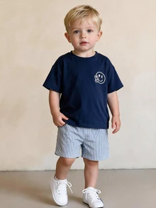 Playful Pals 2pcs/Set Young Boys Summer Casual Graphic Print Round Neck Raglan Top And Striped Shorts, Fashionable Comfortable Outfit For Outdoor Play & Daily - Navy Blue - View 2