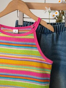 SHEIN Tween Girls Girls' Vacation Beach Pastoral Summer Woven Lace Halter Neck Fitted Cropped Tank Top, Casual, Outfit, Comfortable, Daily - Multicolor - View 6