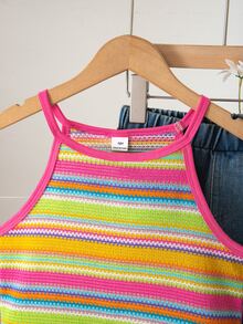 SHEIN Tween Girls Girls' Vacation Beach Pastoral Summer Woven Lace Halter Neck Fitted Cropped Tank Top, Casual, Outfit, Comfortable, Daily - Multicolor - View 5