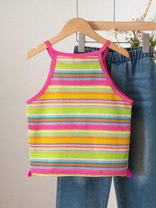 SHEIN Tween Girls Girls' Vacation Beach Pastoral Summer Woven Lace Halter Neck Fitted Cropped Tank Top, Casual, Outfit, Comfortable, Daily - Multicolor - View 3