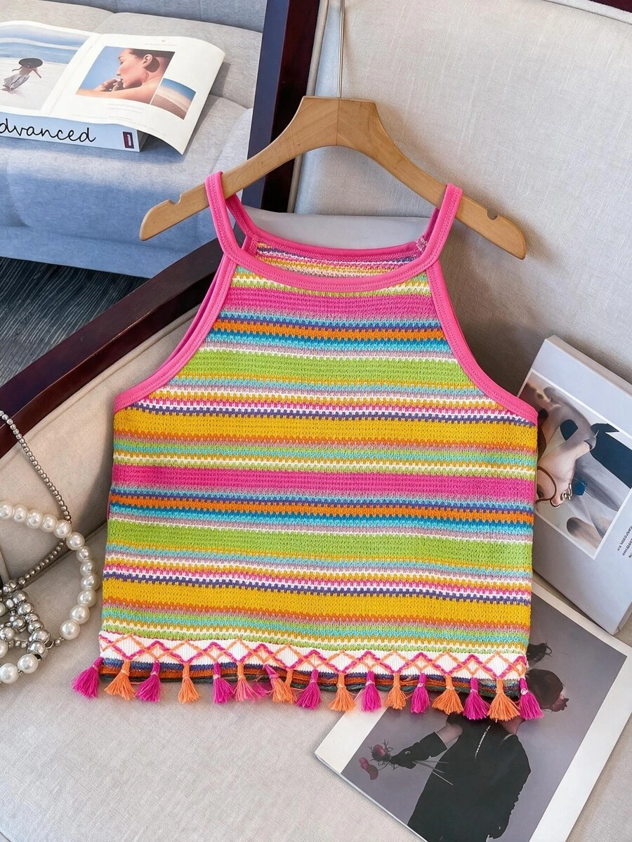 SHEIN Tween Girls Girls' Vacation Beach Pastoral Summer Woven Lace Halter Neck Fitted Cropped Tank Top, Casual, Outfit, Comfortable, Daily