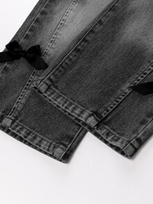 SHEIN 女童休閒牛仔女孩風復古時尚個性化前綴破洞開衩褪色酸洗黑色3D蝴蝶結寬腿夏季藍色牛仔褲 - 淺灰色 - 查看 8