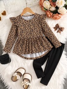 Elladie kids Girls 2pcs Set Heart Print Ruffle Trim Long Sleeve T-Shirt And Leggings, Spring/Autumn 7th Birthday Kindergarten - Khaki - View 7