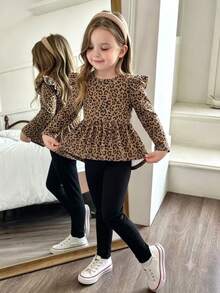 Elladie kids Girls 2pcs Set Heart Print Ruffle Trim Long Sleeve T-Shirt And Leggings, Spring/Autumn 7th Birthday Kindergarten - Khaki - View 4