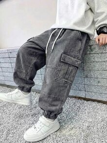 SHEIN Mirajuku 男童復古休閒街頭風多口袋寬鬆舒適全鬆緊腰抽繩收口丹寧工裝長褲，百搭時尚多功能 - 黑色 - 查看 2