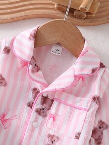 Baby Girl Long Sleeve Fall Autumn/Winter Cardigan & Pants 2 Pieces Set, Woven Fabric With Cute Striped Bear Print, Loungewear Soft Cozy Nightwear - Pink - View 7