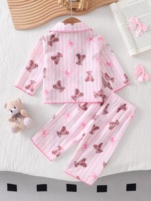 Baby Girl Long Sleeve Fall Autumn/Winter Cardigan & Pants 2 Pieces Set, Woven Fabric With Cute Striped Bear Print, Loungewear Soft Cozy Nightwear - Pink - View 3