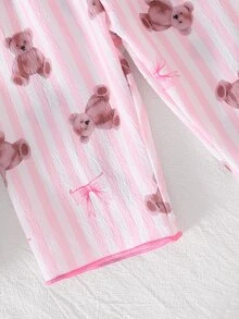 Baby Girl Long Sleeve Fall Autumn/Winter Cardigan & Pants 2 Pieces Set, Woven Fabric With Cute Striped Bear Print, Loungewear Soft Cozy Nightwear - Pink - View 9