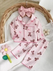 Baby Girl Long Sleeve Fall Autumn/Winter Cardigan & Pants 2 Pieces Set, Woven Fabric With Cute Striped Bear Print, Loungewear Soft Cozy Nightwear - Pink - View 2