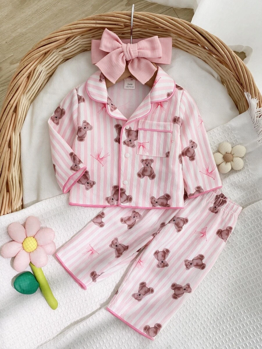 Baby Girl Long Sleeve Fall Autumn/Winter Cardigan & Pants 2 Pieces Set, Woven Fabric With Cute Striped Bear Print, Loungewear Soft Cozy Nightwear