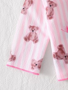 Baby Girl Long Sleeve Fall Autumn/Winter Cardigan & Pants 2 Pieces Set, Woven Fabric With Cute Striped Bear Print, Loungewear Soft Cozy Nightwear - Pink - View 6