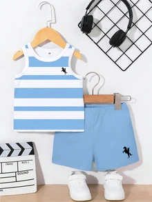 SHEIN Playful Pals 2pcs/Set Young Boy Casual Minimalist White Blue Logo Print Tank Top And Logo Print Shorts, Suitable For Summer Outings - Multicolor - View 4