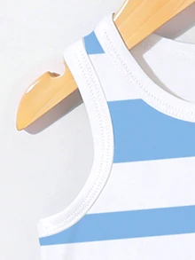 SHEIN Playful Pals 2pcs/Set Young Boy Casual Minimalist White Blue Logo Print Tank Top And Logo Print Shorts, Suitable For Summer Outings - Multicolor - View 5