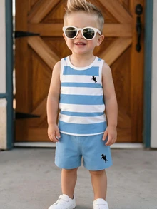 SHEIN Playful Pals 2pcs/Set Young Boy Casual Minimalist White Blue Logo Print Tank Top And Logo Print Shorts, Suitable For Summer Outings - Multicolor - View 1