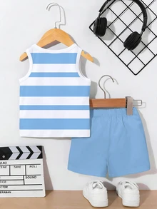 SHEIN Playful Pals 2pcs/Set Young Boy Casual Minimalist White Blue Logo Print Tank Top And Logo Print Shorts, Suitable For Summer Outings - Multicolor - View 2