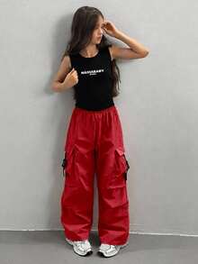 SHEIN Sparklyn Tween Girl Autumn/Winter Elastic Waist Cargo Pocket Wide Leg Loose Long Pants - Red - View 6