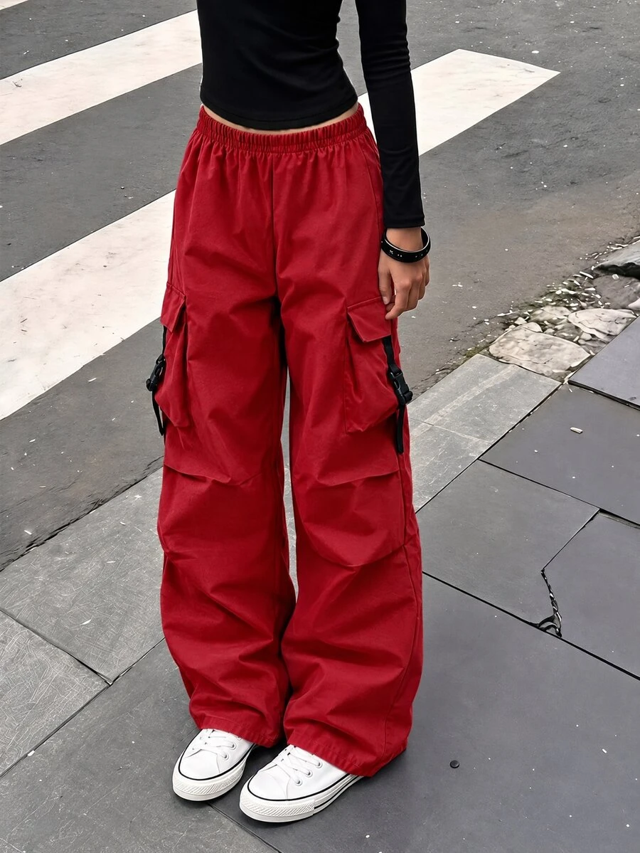 SHEIN Sparklyn Tween Girl Autumn/Winter Elastic Waist Cargo Pocket Wide Leg Loose Long Pants