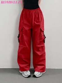 SHEIN Sparklyn Tween Girl Autumn/Winter Elastic Waist Cargo Pocket Wide Leg Loose Long Pants - Red - View 5