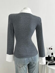 Elamini Women's Casual Fitted Knit Striped Shirt Spring - Dark Grey - View 2