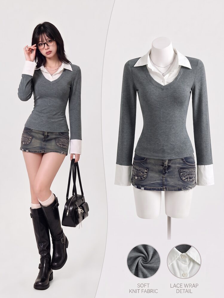 Elamini Women's Casual Fitted Knit Striped Shirt Spring - Dark Grey - View 1