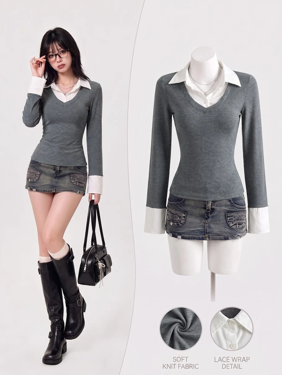 Elamini Women's Casual Fitted Knit Striped Shirt Spring - Dark Grey - View 1