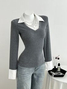 Elamini Women's Casual Fitted Knit Striped Shirt Spring - Dark Grey - View 3