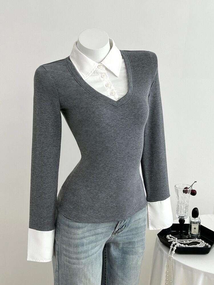 Elamini Women's Casual Fitted Knit Striped Shirt Spring - Dark Grey - View 4