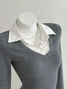 Elamini Women's Casual Fitted Knit Striped Shirt Spring - Dark Grey - View 6