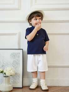 Souflis Souflis 2pcs Baby Boy Set:Elegant Minimalist Stand Collar Short Sleeve T-Shirt And Contrast Color Pants  Suitable For Summer Clothes Boys Sets Outfit - Multicolor - View 5