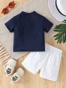 Souflis Souflis 2pcs Baby Boy Set:Elegant Minimalist Stand Collar Short Sleeve T-Shirt And Contrast Color Pants  Suitable For Summer Clothes Boys Sets Outfit - Multicolor - View 3